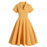 Women Patchwork Vintage 50s 70s Solid Dress Robe Ladies Notched Collar Button Belt Purple Elegant Party Rockabilly Swing