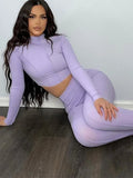 Autumn Solid Two Piece Set Women Outfits Half High Collar Long Sleeve Crop Top+skinny Leggings Lady Casual Sporty