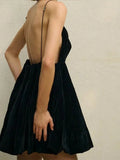 Velvet V-Neck Backless Strap Mini Dress- Outfit