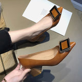 Heels Pointed Toe Pumps Shoes Women Leather Med Heels V Mouth Casual Office Lady OL Shoes 5 cm