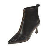 Women High Heeled Short Boots 2023 NEW Weaved Pointed toe Winter Shoes,Ankle Botas,Front Zip BLACK sapatos