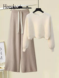 Winter Knitted Two Piece Set Women Casual Pullover Long Sleeve Knitting Sweater And Wide Leg Pants Sets For Women