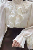 Spring Ruffle Stitching Palace Blouse Women Long Flare Sleeve Buttons Ruched Loose Top New Stand Collar Chiffon Shirt