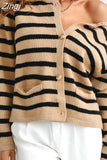Women's Knitted Cardigan with Buttons Up Slim Short Soft Casual Coat V Neck Balck Striped Print Warm Cardigan Female