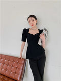 Pad Puff Sleeve Square Neck Summer Blouse Women Asymmetrical Peplum Top Bow Tie Back Ladies Top Korean Fashion