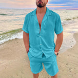Men's Summer Casual Loose Two Piece Sets Beach Solid Cotton Linen Man Suit Short Sleeve Button Shirt And Shorts Office
