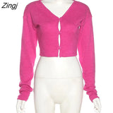 Women Fall Knitted Cardigan Solid Color V-Neck Long Sleeve Button-Open Knit T -shirts Spring Autumn Cropped Tops for
