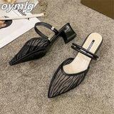 sandals women's 2022 summer new pointed toe thick-heeled Baotou half-word mid-heel sandals and