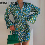 Women Elegant Geo Print Long Flared Sleeves Turn Down Sleeves Sashes Mini Bodycon Dress Working