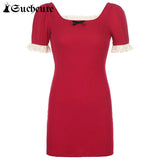 SUCHCUTE Summer Square Neck Retro Lace Patchwork Elegant Bodycon Dress Streetwear Ladies Short Sleeve Mini Dresses