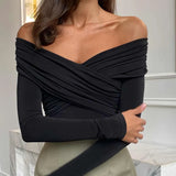 Zingj Light Ripe Woman Wind A Word Two Wear Cross Draw Pleated T Shirt New V Collar Pure Color