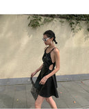 PU Leather Backless Black Sexy Slip Dress Summer 2021 Drawstring Hollow Out A Line Spaghetti Strap Cami Dress