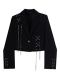 Women Punk Gothic Cropped Blazer with Metal Chain Harajuku Design Streetwear Chic Patchwork Suit Office Lady Commute Short