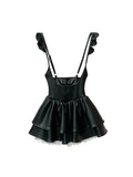 Sexy Women PU Leather Dress Bodycon Midi Office Dress Retro Black Club Party Dresses Vestidos Suspenders Pleated Dress