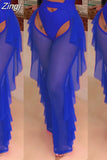 Sexy Women High Waist See Through Flared Leg Mesh Pants Bikini Cover Ups Ruffles Hollow Out Beach Long Pants