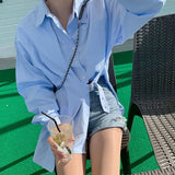 Elegant Women Long Sleeve Shirts Office Lady Solid Button Belt Blouse Korean Fashion Asymmetric Chic Casual Loose Tops