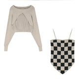 Gothic Irregular Women T-shirt Knitted Black Pullove+checkerboard Camis Tank Tops Y2k Korean Style Autumn Tee