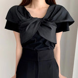 Zingj Chic Summer Simple Elegant V Neck Kink Design Sense Pure Color Slim Thin Fly Sleeve T-Shirt Jacket Women-Outfit