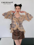 Spring 2022 Tie Dye Chiffon Blouse Women Tassels Flare Sleeve V Neck Ruffles Long Sleeve Frill Top Korean