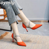 women's2022spring and summer new sexy one-word buckle belt net red high-heeled shoes fairy wind stiletto pointed toe