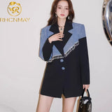 Spring New Denim stitching Tassel Women's Blazer Notched Loose Single Braested Long Sleeve Suit Jacket Fashion
