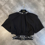 2022 Fashion Design Short Sleeve Stand Collar Crop Top Tshirt Denim Shorts Hollow Out Waist Two Piece Set Outfits