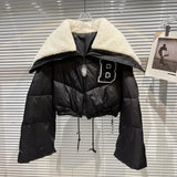 2022 Winter Long Sleeve Lambswool Sailor Collar Short White Duck Down Coat Women Drawstring Jacket