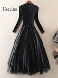 Winter Long Dresses Office Ladies Elegant Mesh Patchwork Long Sleeve Knitted Sweater Dresses Korean Fashion Slim