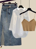 Outfits For Women 2023 Fashion Sling Vest+long Sleeve Sunscreen Shirt+side Split Denim Skirts Sets Korean 3 Piece