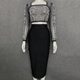 New 2 Piece Set Beading Sexy Top Bandage Skirt Two Piece Sets Suits Women Autumn Winter Bodycon