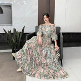 Early Autumn Collared Flakes And Snowflake Cake Skirt Seven-Sleeved Luxury
