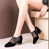 Women's Shoes 2022 Spring Size 43 Flowers Square Heel Sandals Women Breathable Mesh Pointed Toe Summer Rhinestone Sandals