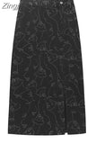 Spring Women's Irregular Long Denim Skirts Chic Print Korean Style Vintage Gothic Fashion High Waist Slim Jeans Split