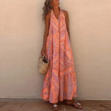 Women's V-neck Hollow Strap Backless Beach Dress Casual High Waist Pleated Boho Dresses 2023 Elegant Printed Long Dress