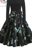 Print Vintage Women New Spring Elegant Party Long Sleeve Casual Black Patchwork Midi