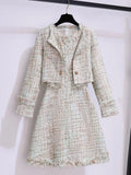 Winter French Vintage Fragrance Tweed Two Piece Set Women Outfit Office Ladies Elegant Coats+sleeveless Dresses Sets