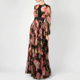 Women's O-Neck Pleated Robe Dress Casual Autumn Long Sleeve Bohemian Dresses Red Flower Print High Waist Banquet