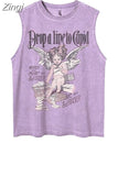 Vintage Y2K O Neck Sleeveless Tees Summer Loose Letter Print Distressed Tshirts Tanks Women Street Hip Hop