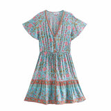 Queens Women Floral Print Short Sleeve V-neck Front Button Beach Bohemian Sundress Tassel Rayon Mini Dress