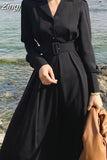 Maxi Dresses for Woman Party Single Breasted Autumn Winter Notched Collar Dress Elegant Vestidos High Waist Business