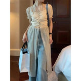 Sweet Floral Dress Women Streetwear Slit Sheer Halter A Line Midi Dresses Korean Summer Holiday Slim Casual Thin