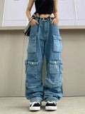 Heavy Industry Multi-Pocket Washed Cargo Pants Women Y2K Vintage Streetwear High-Rise Loose Oversized Straight-Leg