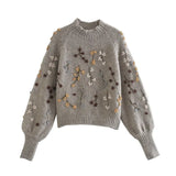 Pull Chic Bead Embroidery Grey Sweater Elegant Long Sleeve Vintage Winter Knit Pullover Women Tops With Floral