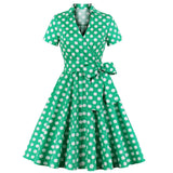 Dot Printed Cotton Green Party Vintage Rockabilly Dress With Belt Short Sleeve Retro 50s 60s Midi Pin Up Tunic