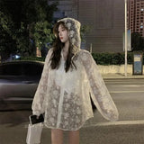 Sunscreen Jacket Women Perspective Hollow Out Mesh Trench Outwear Zipper Coat Floral Embroidery Hoodies Loose