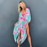 Boho Parrot Printed Front Open Summer Beach Dress Sexy White Chiffon Tunic Women Plus Size Beachwear Long Kimono Dress