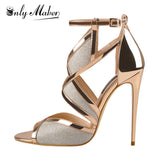 Onlymaker Women's Peep Toe 12 CM Thin High Heels Glitter Cut Out Gold Evening Party Dress Sandals Ankle Strap Open Toe