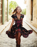 Queens Women Sexy V Neck High Split Long Dress Robe 2020 Print Flare Sleeve Bohemian Ladies Boho Maxi