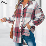 PETAL Brown Plaid Long Sleeve Blouse For Woman Casual Button Up Shirts Top 2023 Spring Autumn Blouses