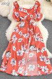 Women Irregular Printed Dress Vintage Square Collar Puff Short Sleeve High Waist A-Line Slim Vestidos Elegant New